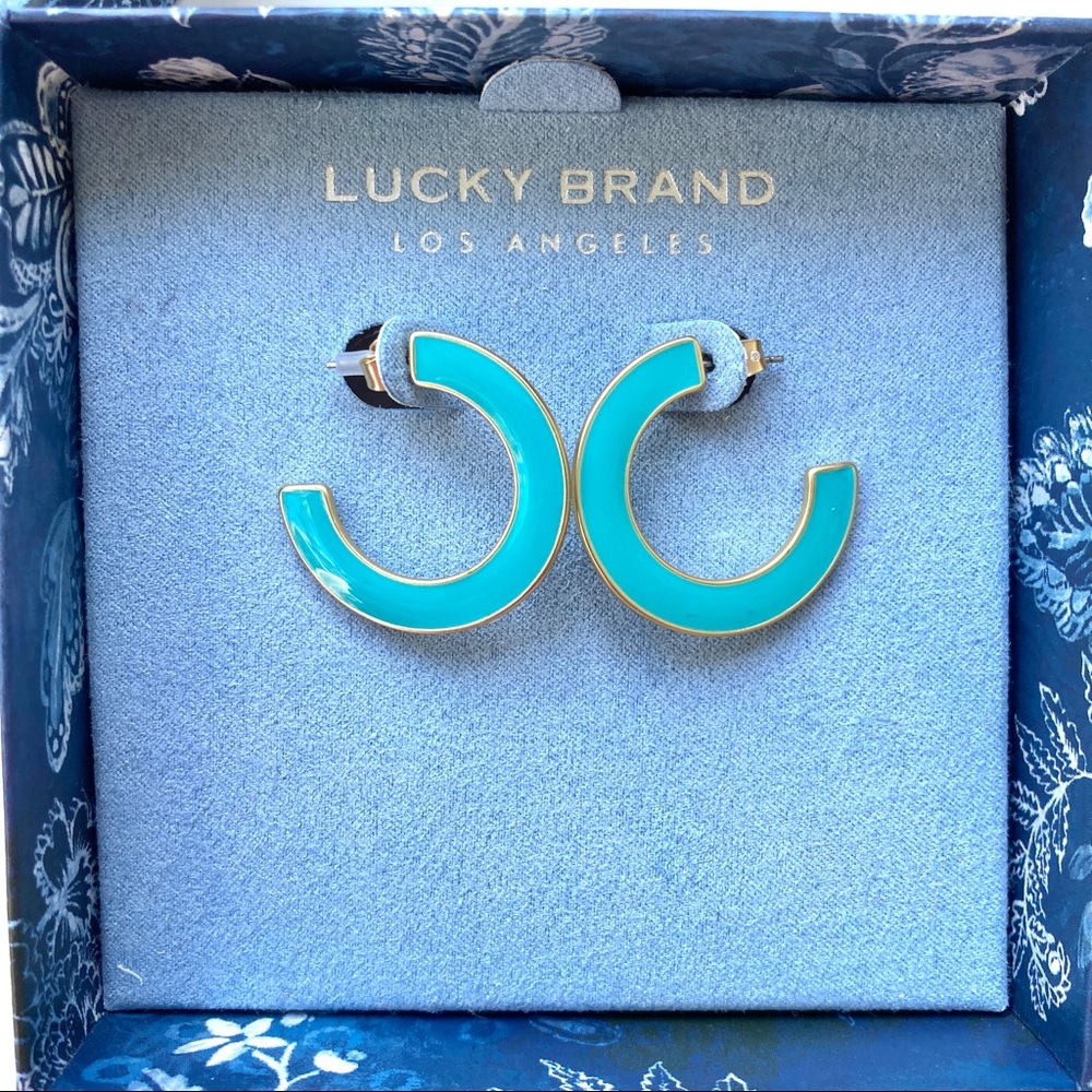 Lucky Brand Teal Enamel Half-Hoop Earrings with Gold Trim